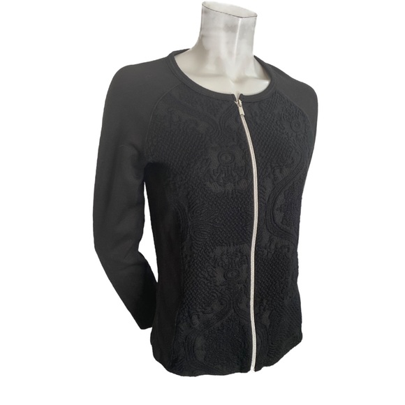 Apanage Black Damask Pattern Textured Bodice Zippered Jersey Cardigan Size 8 - Picture 2 of 7